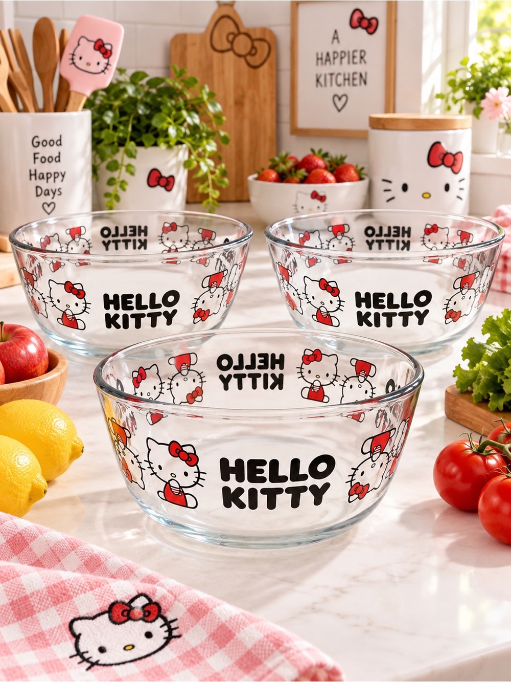 Hello Kitty Pyrex 7-Cup Glass Storage Bowls Set of 3 NWT
